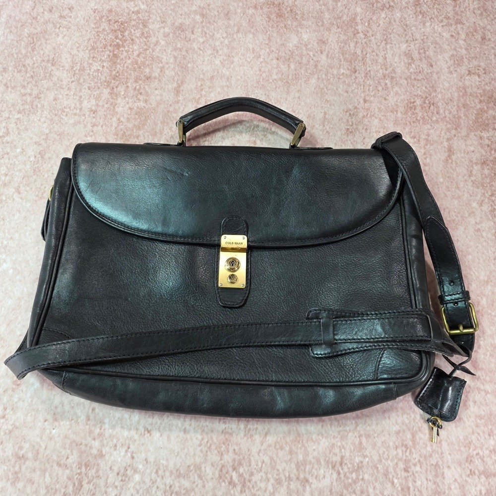 Vintage Cole Haan Black Leather Briefcase Elegant Made in Italy Rare with Key